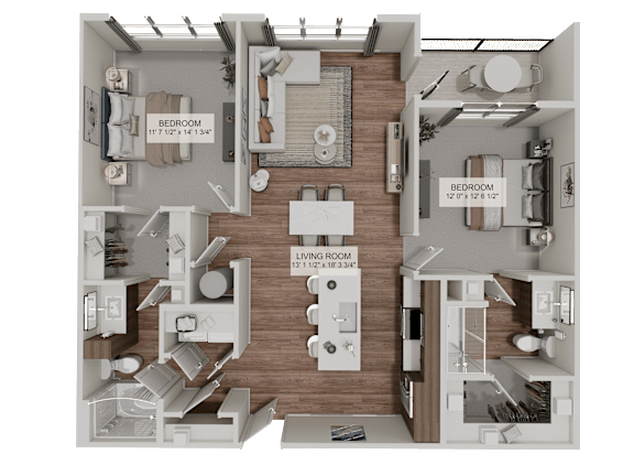 A 3D floor plan of a house showing a bedroom, living room, and kitchen.
