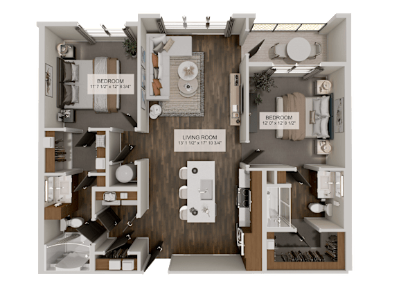A detailed 3D floor plan of a two-bedroom apartment.