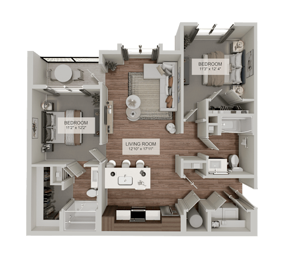 A 3D floor plan of a home showing a living room, dining room, kitchen, and two bedrooms.
