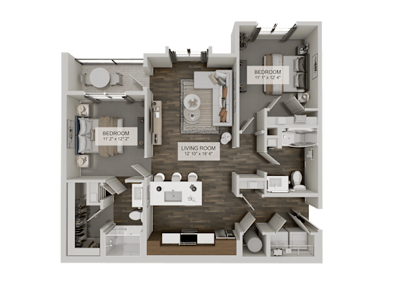 Floor Plan  A 11' x 12' living room with a kitchen, dining room, and two bedrooms.