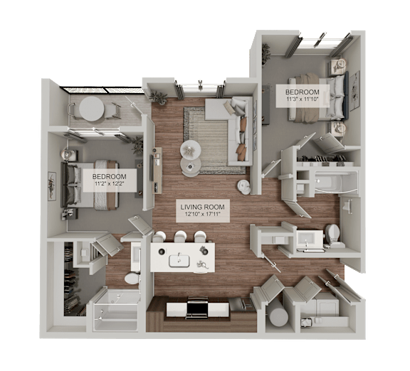 A 3D rendered image of a house layout with two bedrooms, a living room, and a kitchen.
