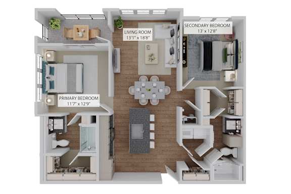 A 3D floor plan of a house with a living room, bedroom, and bathroom.
