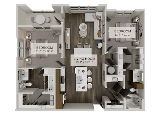 A 3D floor plan of a small apartment with a living room, two bedrooms, and a kitchen.