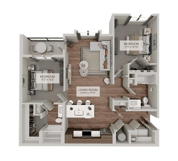 A 3D rendered image of a house layout with two bedrooms and a living room.