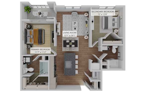 A 3D rendered image of a house layout with two bedrooms, a living room, and a kitchen.