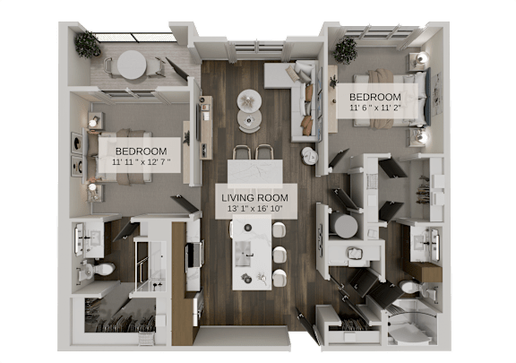 Two bedroom floor plan with dual bathrooms at The Residences at The Gilmore Apartments, Gilbert, 85297