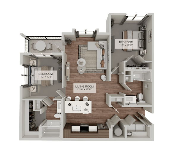 A 3D rendered image of a house layout with a living room, two bedrooms, and a kitchen.