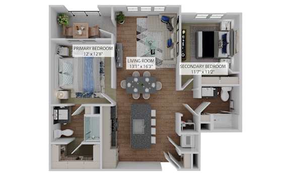A 3D floor plan of a house showing a bedroom, living room, and kitchen.