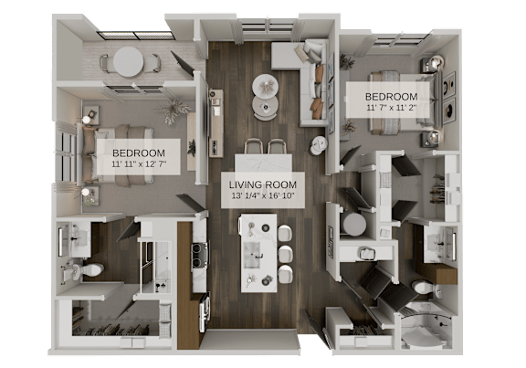 A 3D floor plan of a house showing two bedrooms and a living room.