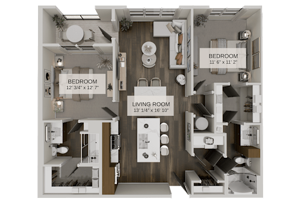 A floor plan of a living space with two bedrooms and a living room.
