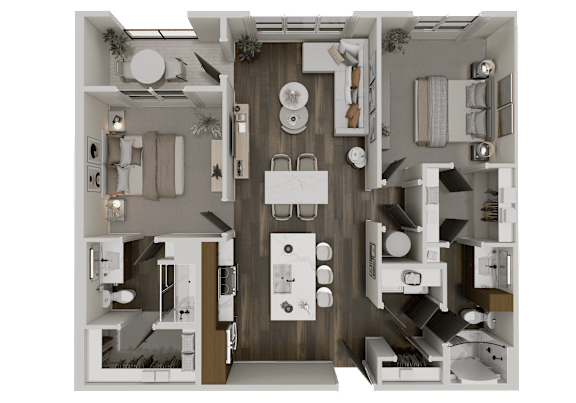 A detailed 3D floor plan of a modern apartment layout.