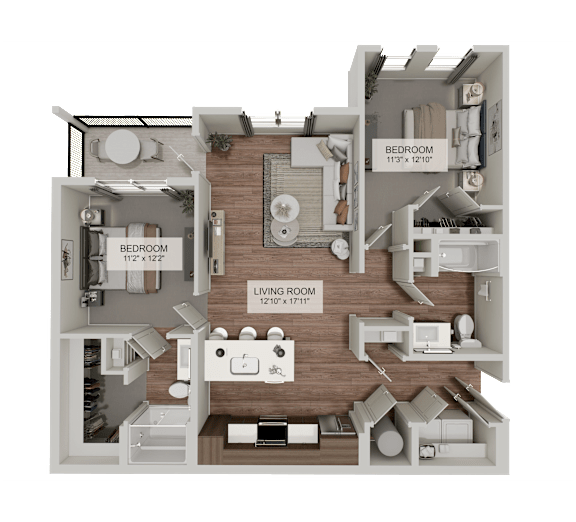 A 3D diagram of a house layout with a living room, kitchen, and two bedrooms.