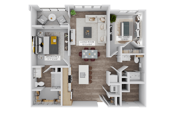 Floor Plan  A 3D floor plan of a two-bedroom apartment with a living room, kitchen, and bathroom.