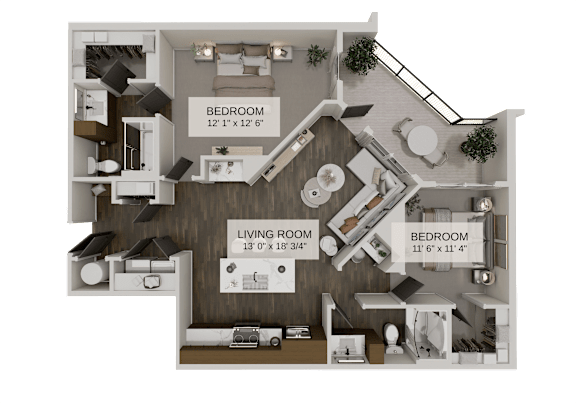 Floor Plan  A 3D rendered image of a house layout with two bedrooms and a living room.