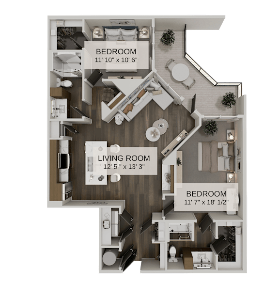 Two bedroom floor plan with balcony and dual bathrooms at The Residences at The Gilmore Apartments, Gilbert, Arizona