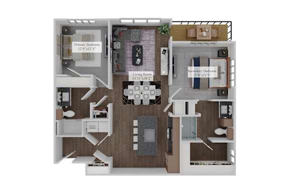 A 3D floor plan of a house with a living room, two bedrooms, and a kitchen.