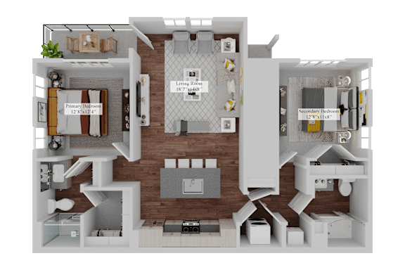 A 3D floor plan of a house with a living room, kitchen, and two bedrooms.