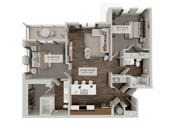 A 3D rendered image of a house layout with a living room, kitchen, and bedroom.