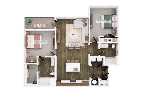 Floor Plan  A floor plan of a house with a living room, dining room, kitchen, and two bedrooms.