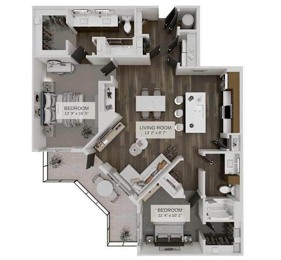 A 3D floor plan of a house with a living room, kitchen, and two bedrooms.  at The Junction at Rockledge Apartments, Florida