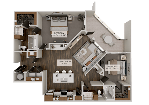 A 3D rendered image of a house layout with two bedrooms, a living room, and a kitchen.