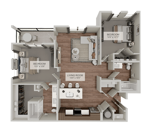 A 3D rendered image of a house layout with two bedrooms and a living room.