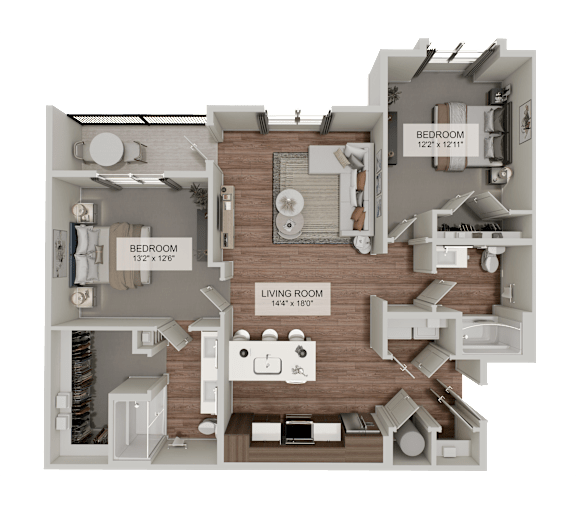A 3D rendered image of a house layout with two bedrooms, a living room, and a kitchen.