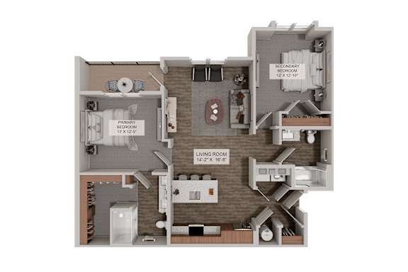 A 3D rendered image of a house layout with a living room, kitchen, and two bedrooms.