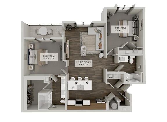 A 3D rendered image of a house layout with two bedrooms and a living room.