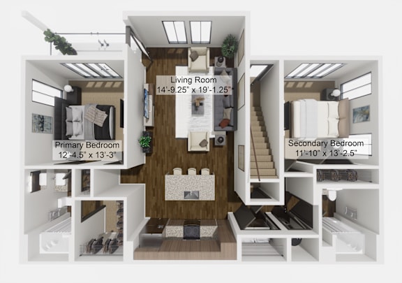 A diagram of a living space with a primary bedroom, a living room, and a secondary bedroom.