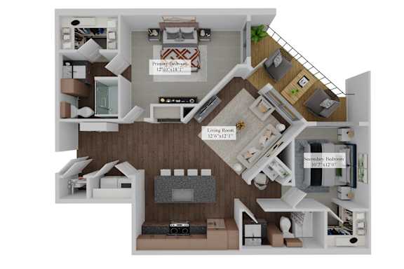 A 3D floor plan of a house with a living room, dining room, kitchen, and two bedrooms.