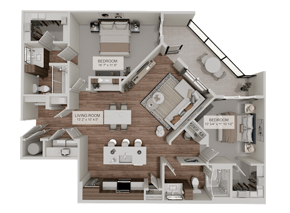 A 3D floor plan of a house showing two bedrooms, a living room, and a kitchen.