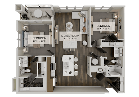 Two bedroom apartment layout with central living area at The Residences at The Gilmore Apartments, Gilbert