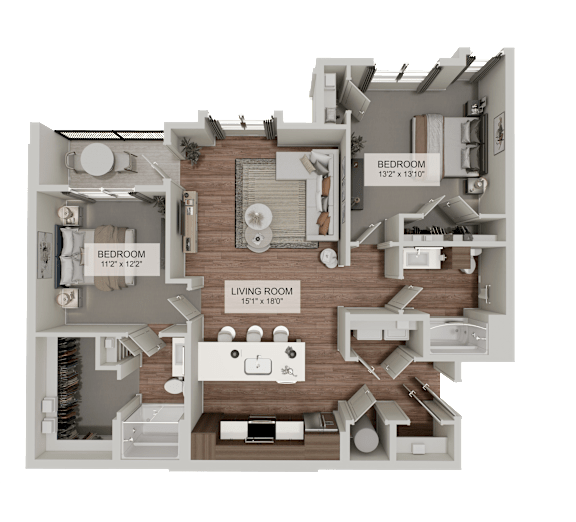 A 3D floor plan of a house showing a living room, kitchen, and two bedrooms.