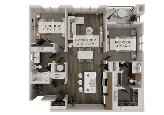 Two bedroom floor plan with spacious living room at The Residences at The Gilmore Apartments, Arizona