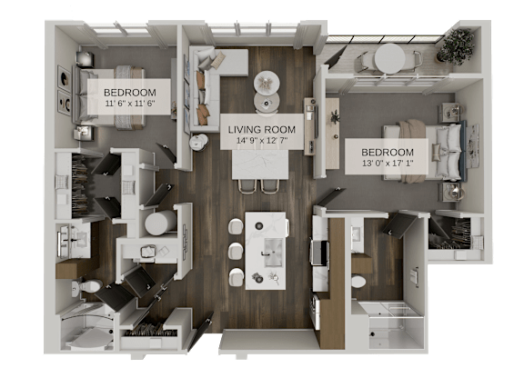 Two bedroom floor plan with dual sinks and closets at The Residences at The Gilmore Apartments, Arizona, 85297