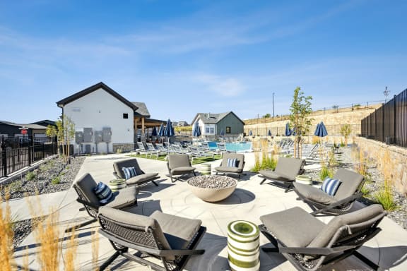 patio area with lounge chairs and tables at Citadel at Castle Pines, Colorado, 80108