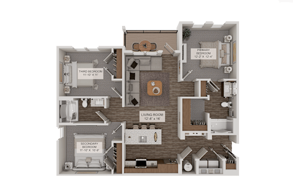 A 3D rendered image of a house layout with labeled rooms and dimensions.