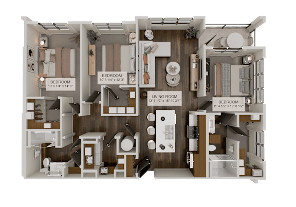 A 3D floor plan of a house showing the layout of the rooms.