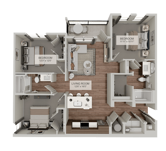 A 3D floor plan of a house with three bedrooms and a living room.