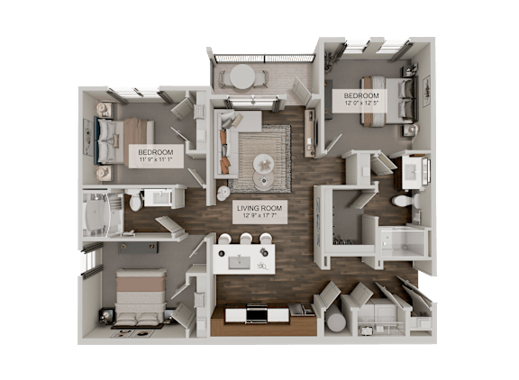 A detailed 3D floor plan of a two-bedroom apartment.