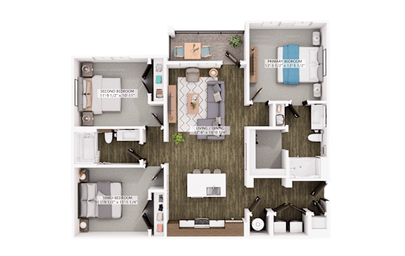 Floor Plan  A floor plan of a house with two bedrooms, a living room, a kitchen, and a bathroom.
