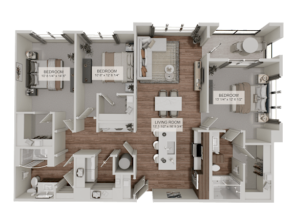 A 3D rendered image of a house layout with four bedrooms and a living room.