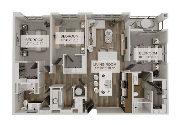 Floor Plan  A diagram of a house layout with three bedrooms and a living room.
