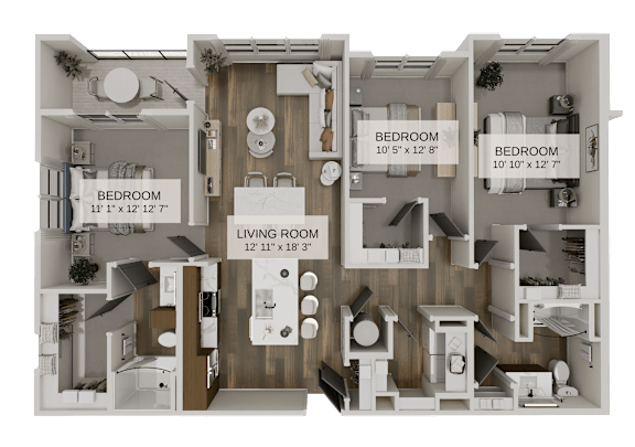 Floor Plan  A diagram of a house layout with three bedrooms and a living room.