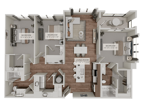 A 3D rendered image of a house layout with dimensions for each room.