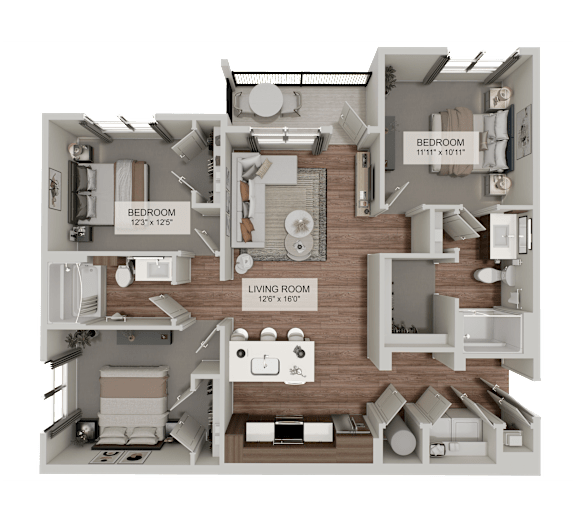 A 3D rendered image of a house layout with three bedrooms, a living room, and a kitchen.