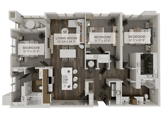 Three bedroom apartment floor plan with open living area at The Residences at The Gilmore Apartments, Gilbert, 85297
