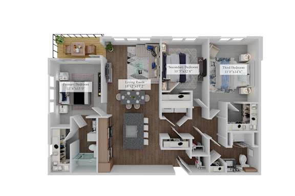 A diagram of a house layout with a living room, two bedrooms, and a bathroom.
