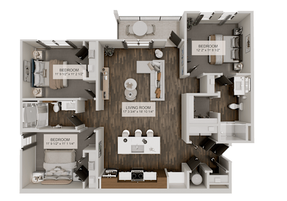 A floor plan of a house with a living room, dining room, kitchen, and two bedrooms at The Logan Luxury Apartments, Nampa, Idaho